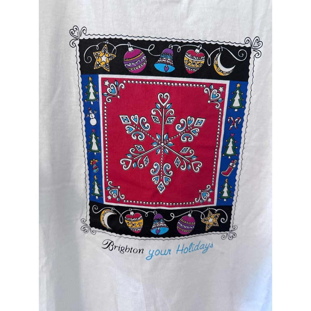 Vintage Brighton Holiday quilt snow Christmas white short sleeve t-shirt size XL - Picture 2 of 6